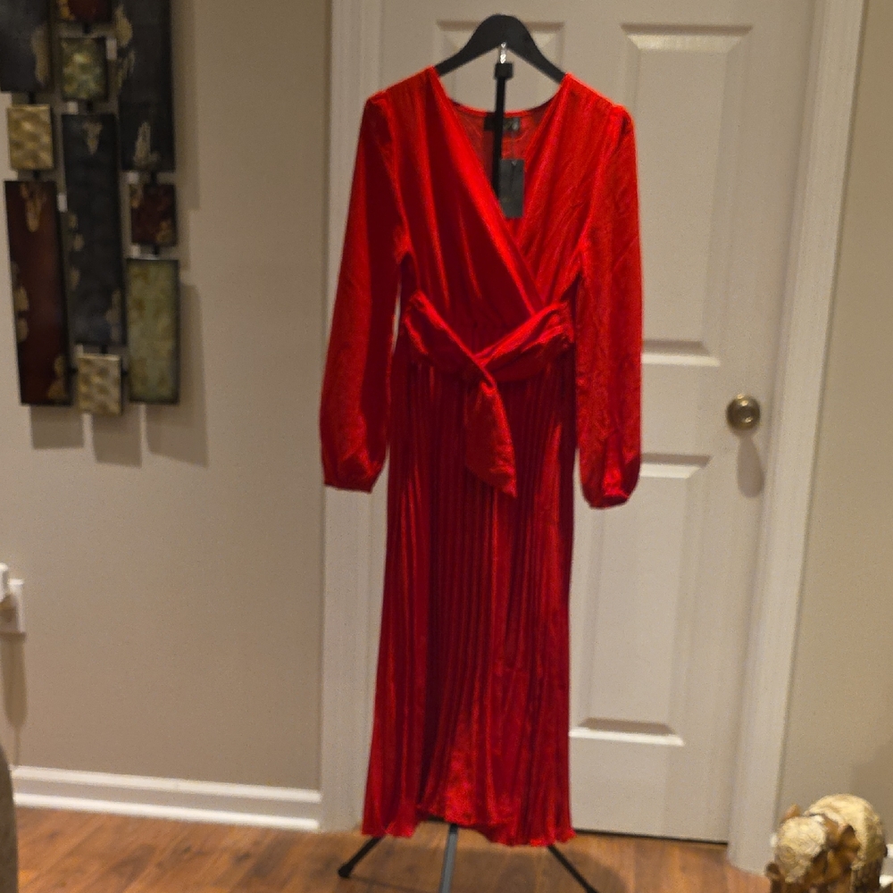 Red Wrap-Front Pleated Maxi Dress with Self-Tie Waist